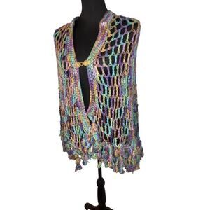 Open knit crochet pastel bobble gold-tone clasp  hand knitted Gypsy Girl Shawl